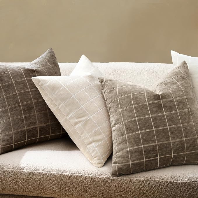 MIULEE Taupe Grey Plaid Decorative Fall Throw Pillow Covers 20x20 Set of 2 | Vintage Check Chenille Couch Pillows Boho Farmhouse Cushion Covers Modern Fall Home Decor for Sofa Bed Living Room