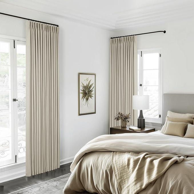 Oatmeal Pinch Pleated Full Blackout Curtains Linen Blend Room Darkening Window Curtains 92 Inch for Living Room Bedroom Thermal Insulated Back Tab Pinch Pleat Drapes with Hooks Rings 2 Panels