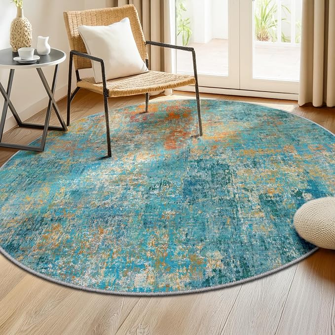 RELEANY Washable Area Rugs 6ft Non-Slip Modern Abstract Soft for Living Room Entryway Bedroom Kitchen, Print Pattern, Teal Blue Green Orange Rust Red Coloreful