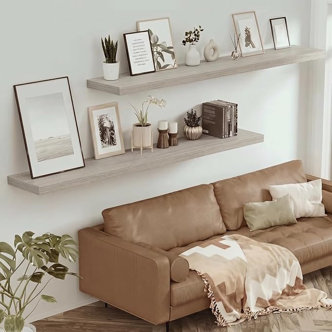 Vivelove 12 in Deep Floating Shelves for Wall, 60" x 12" x 2" Shelves for Room Wall Mounted, 2 Inch Thick Shelf for Bathroom Bedroom Kitchen Book Room, Modern Farmhouse Decor, Set of 1, Grey