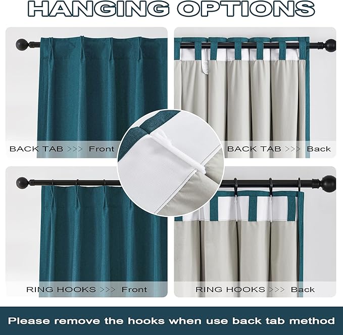DUALIFE Dark Teal Blue Pinch Pleated Blackout Curtains 102 Inches Long, Back Tab with Hooks, Linen Full Black Out Thermal Insulated Track Curtain for Bedroom Living Room,40 Wx102 L, 2 Panels