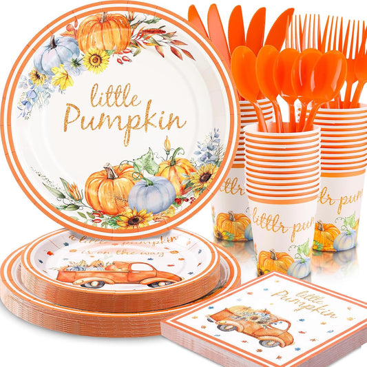 168 Pcs Little Pumpkin Plates and Napkins, Fall Baby Shower Plates and Napkins Sets Serves 24, Little Pumpkin Baby Shower Decorations Boy, Orange Blue Autumn Farm Thanksgiving