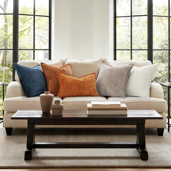 decorUhome Chenille Fall Throw Pillow Covers 22X22 Set of 2, Soft Textured Slubby Modern Decorative Pillow Covers with Elegant Design for Couch, Sofa, Living Room, Burnt Orange
