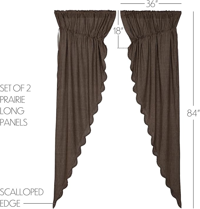 VHC Brands Kettle Grove Window Curtains, Plaid Prairie Long Panel Scalloped Set of 2 84x36x18