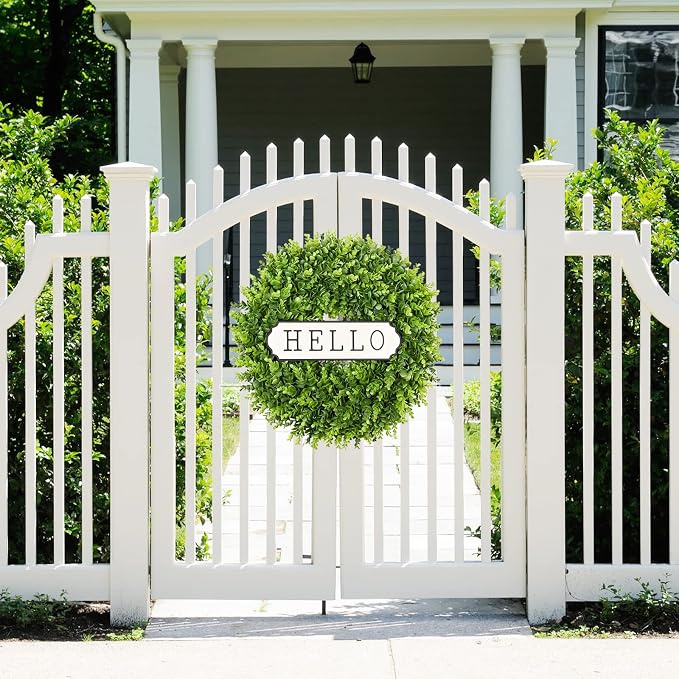 DDHS Large Boxwood Wreath Front Door 24'' Artificial Spring Wreaths for Front Door Farmhouse Wedding Green Year Round Indoor Outdoor for Summer Wreath st Patrick's Day Decoration -(Hello Sign)