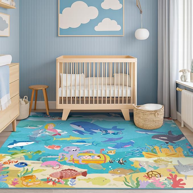 4x6 Ocean Rug for Kids Playroom – Sea Life Learning Carpet with Mermaid, Submarine & Whales, Soft Washable Stain Resistant Playful Area Rug for Kids, Educational Underwater Theme Carpet