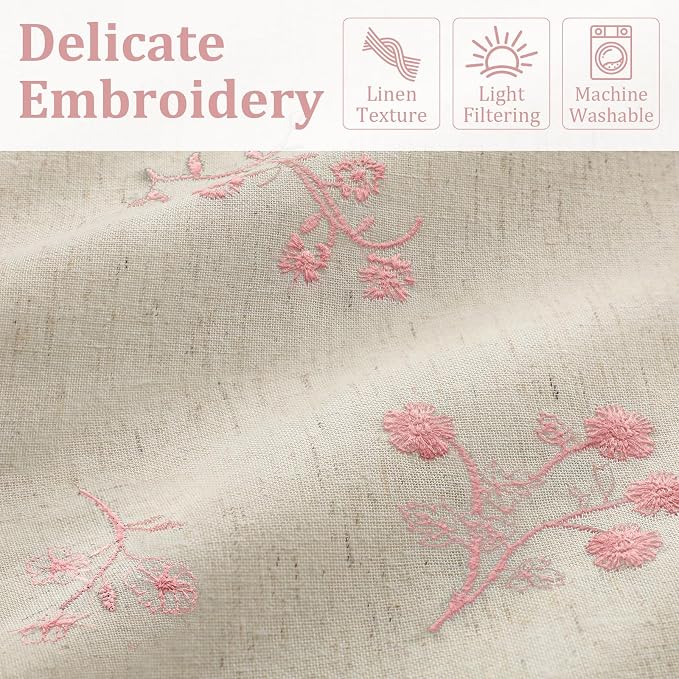 Pink Floral Embroidered Linen Blend Curtains for Bedroom, 84 Inch Light Filtering Spring Farmhouse Vintage Drapes for Living Room Rod Pocket, Set of 2 Panels