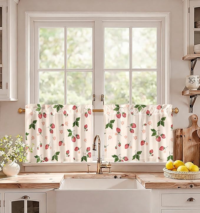 Miss Adola Farmhouse Kitchen Tier Curtains - 18 Inch Length Linen Blend Country Cafe Curtains Strawberry Small Window Treatments Over Sink Rod Pocket for Bathroom Living Room Light Filtering, 2 Panels