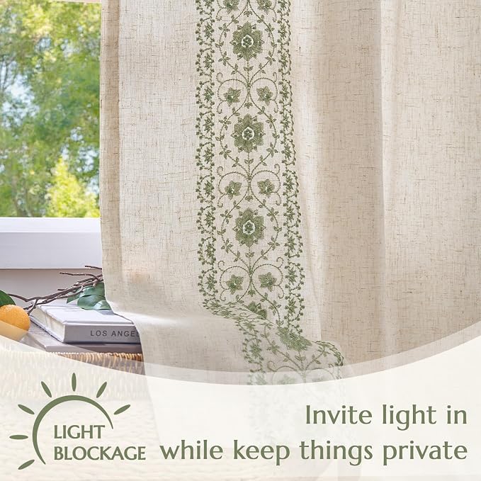 jinchan Weslie Boho Lined Linen Curtains for Living Room Sage Green Vintage Floral Farmhouse Curtains 108 Inches Long Linen Drapes for Bedroom Embroidered Extra Long Drapes Sage 2 Panels