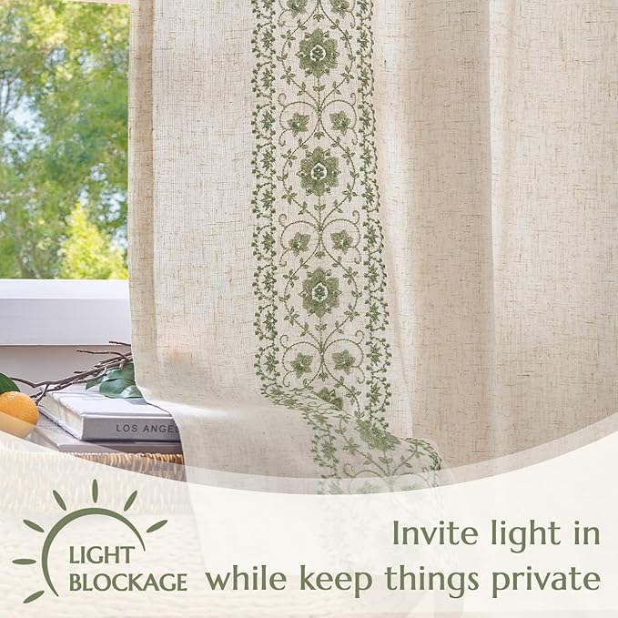 jinchan Weslie Boho Lined Linen Curtains for Bedroom Sage Green Vintage Floral Farmhouse Curtains 96 Inches Long Linen Drapes for Living Room Embroidered Drapes Sage on Beige 2 Panels