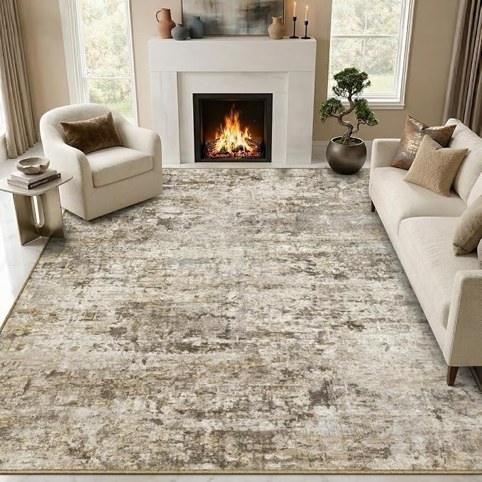 10x12 Area Rugs Washable Living Room Rug-No Slip Soft Carpets Modern Abstract Indoor Floor Stain Resistant Large Carpet for Bedroom Dining Room Farmhouse Nursery Home Office Brown