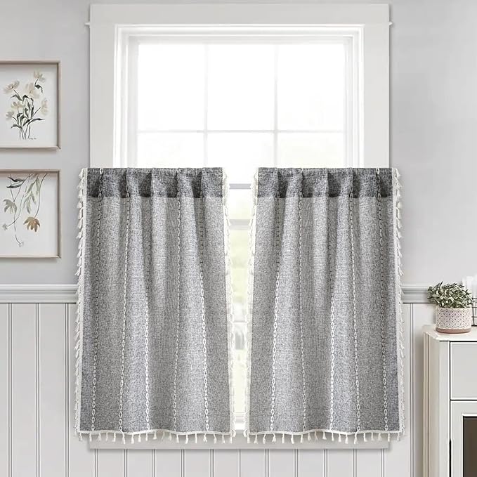 RoomTalks Dark Gray Boho Farmhouse Kitchen Curtains 36 Inch Length French Striped Modern Vintage Chic Textured Tassel Charcoal Short Cafe Curtains for Small Window Kitchen Bathroom Decor