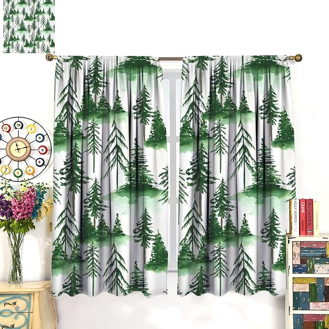 Watercolor Forest Curtains, Green Nature Cartoon Mountains Misty Forest Plants Trees Blackout Window Treatments, Thermally Insulated Drapes for Kids Boys Girls Living Room Bedroom Nursery 63x72in