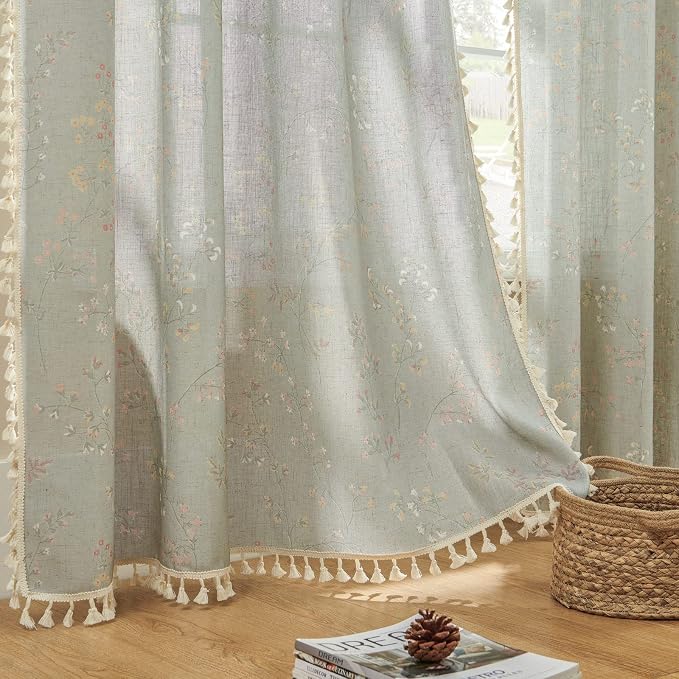 Joydeco Blue Floral Boho Curtains 63 Inch Length 2 Panels, Super Soft Bohemian Farmhouse Curtains with Tassels, Semi Sheer Light Filtering Drapes for Bedroom Living Room (Rod Pocket, 52Wx63L)