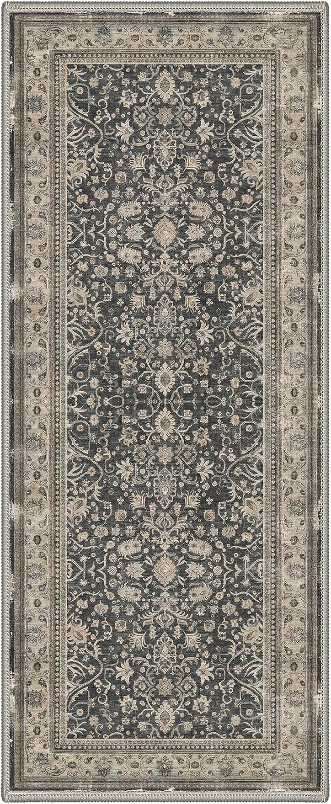 Bavni 2x5 Rug Runners for Hallways, Washable Runner Rug Non Slip, Vintage Floral Oriental Floral Rugs for Bedroom, Lightweight Low Pile Carpet for Hallways Bathroom, Dusty Charcoal
