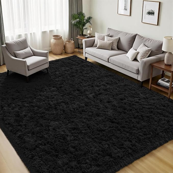 Area Rug for Living Room Bedroom: 4x6 Black Soft Fluffy Shag Upgrade Non-Slip High Pile Carpet Large Fuzzy Plush Indoor Floor Decor Shaggy Rug for Kid Boys Girls Dorms Playroom Nursery Modern Home