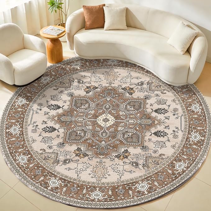 OPPODREAM Soft Round Rug 8ft, Play Room Rug, Washable Circle Rug 8ft with Non Slip Backing, Small Low-Pile Area Rugs 8 ft, Faux Cashmere Throw Carpet, Brown
