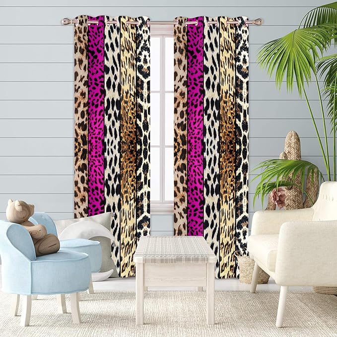 Wild Animal Print Curtain, Room Darkening Thermal Insulated Blackout Leopard Boa Window Drapes with Grommets for Living, Dining, Bedroom, Hot Pink Leopard Print, 42"x 84", 2 Panels