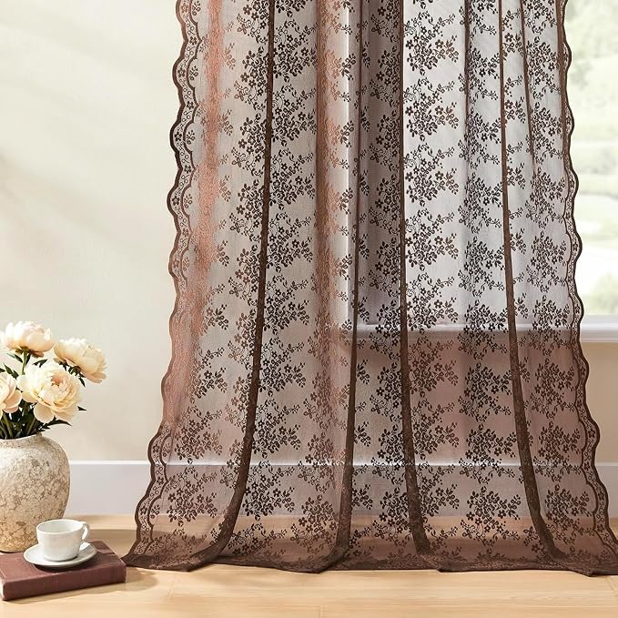 YJ YANJUN Vintage Lace Curtains 90 Inches Long-Victorian Floral Boho Brown Sheer Curtains for Living Room Bedroom, Light-Filtering Rustic Farmhouse Window Treatment, Chocolate 2 Panels 52W x 90L