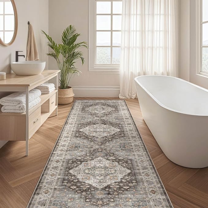 Runner Rug Kitchen Washable Rugs: 3x10 Non-Slip Boho Vintage Stain Resistant Indoor Neutral Farmhouse Throw Carpet for Hallway Bathroom Laundry Room Entryway Bedroom- Grey Brown