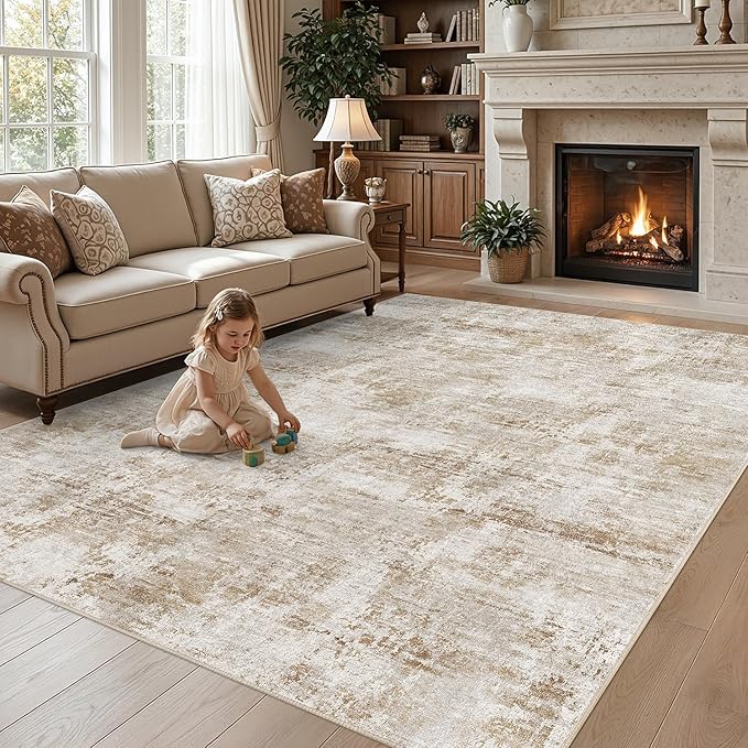 DEXI Washable Area Rug for Living Room 8x10, Modern Abstract Soft Indoor Large Rugs, Stain Resistant Low Pile Carpet with Non Slip Backing for Dining Bedroom Office, Khaki