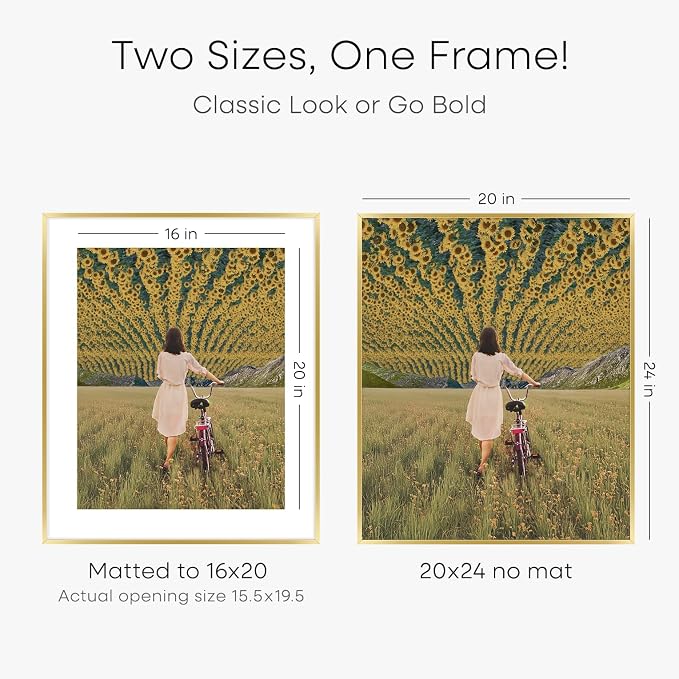 Homeforia 20x24 Picture Frame Gold, High End Metal 24x20 Frames for Wall, 20x24 Gold Frame Matted to 16x20 Print, 20 x 24 Poster Large Frame with Mat 16 by 20 Photo, Tempered Glass, Wall Kit, Set of 2