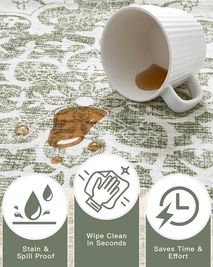 Madane 5x7 Area Rugs for Living Room, Machine Washable Vintage Green Rug with Non-Slip Backing, Soft Throw Rug, Thin Carpet for Bedroom Dining Room Farmhouse Under Table, Green/Ivory