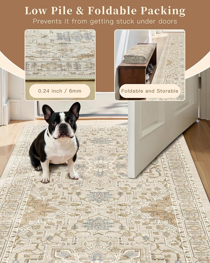 Madane Hallway Runner Rug 3x18 Washable Kitchen Runners 18ft, Beige/Blue | Vintage Non Slip Extra Long Area Rugs for Hallways, Soft Low-Pile Farmhouse Wide Floor Carpet for Entryway Bathroom Bedroom
