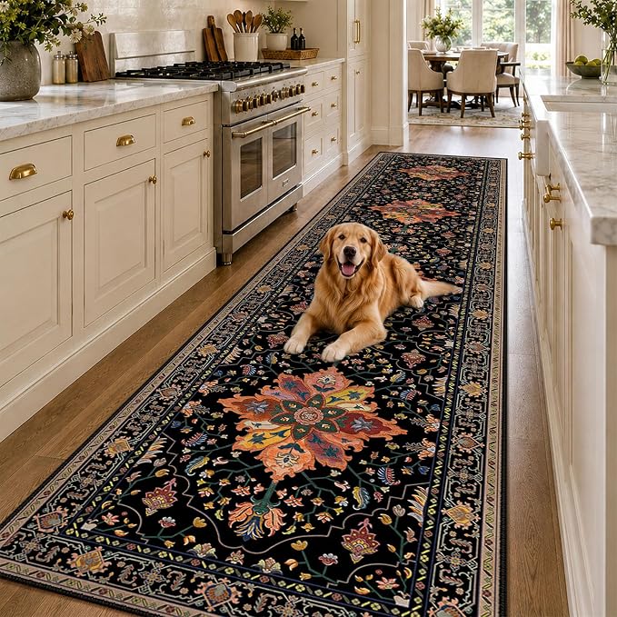 RELEANY Area Rugs Runner 3'x12' Washable Non-Slip, Floral Vintage Distress Medallion Carpet for Kitchen Hallway Bedroom Beside Laundry Room Bathroom, Black Colorful Floral Dark Tan