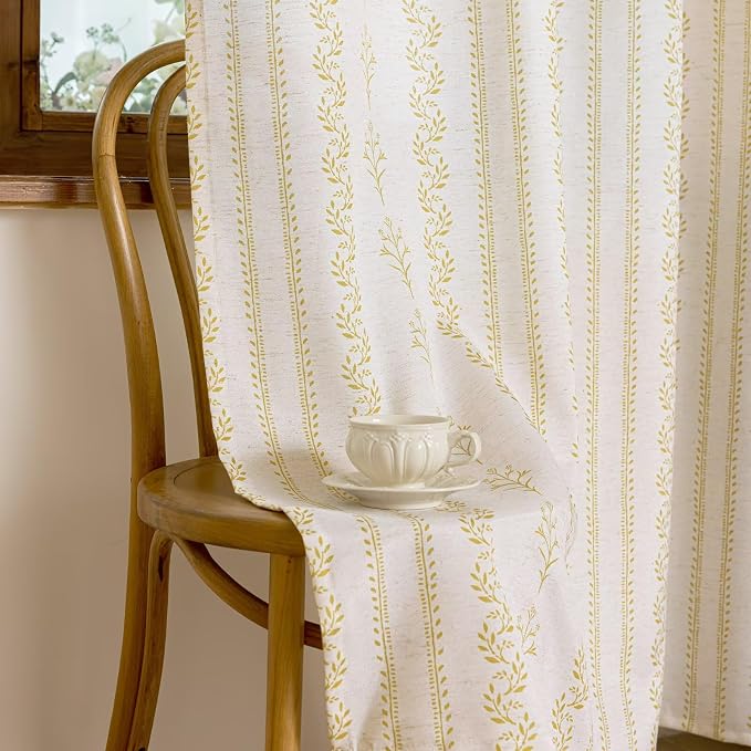 BGment Mustard Yellow Vintage Floral Linen Curtains for Farmhouse - Boho Curtains 84 Inch Long Light Filtering Window Drapes for Country Rustic Living Room, Each 52 Inch Wide, 2 Panels Set