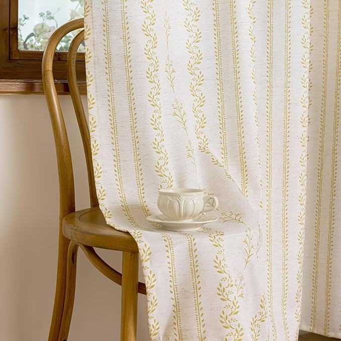 BGment Mustard Yellow Vintage Floral Linen Curtains for Farmhouse - Boho Curtains 72 Inch Long Light Filtering Window Drapes for Country Rustic Bedroom, Each 52 Inch Wide, 2 Panels Set