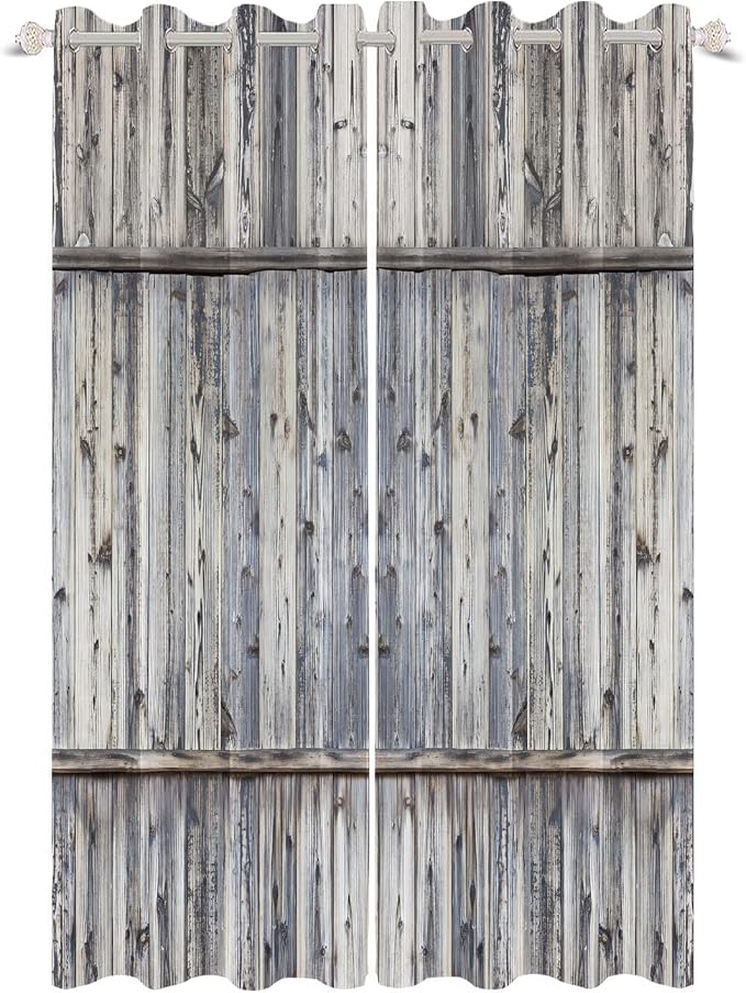 Wooden Barn Doors Kitchen Curtains,Wood Planks Rustic Farm Farmhouse Window Curtains Country Retro Western Vintage Grey Window Curtain Treatments Bedroom Living Room Decor,42x108 inch,2 Panels