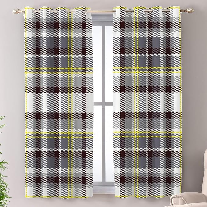 Shrahala Grunge Vintage Art Plaid Blackout Window Curtains, Tartan Grey Thermal Insulated Curtains Grommet Top Window Drapes for Living Room, Bedroom (2 Panels,52 x 63 in)