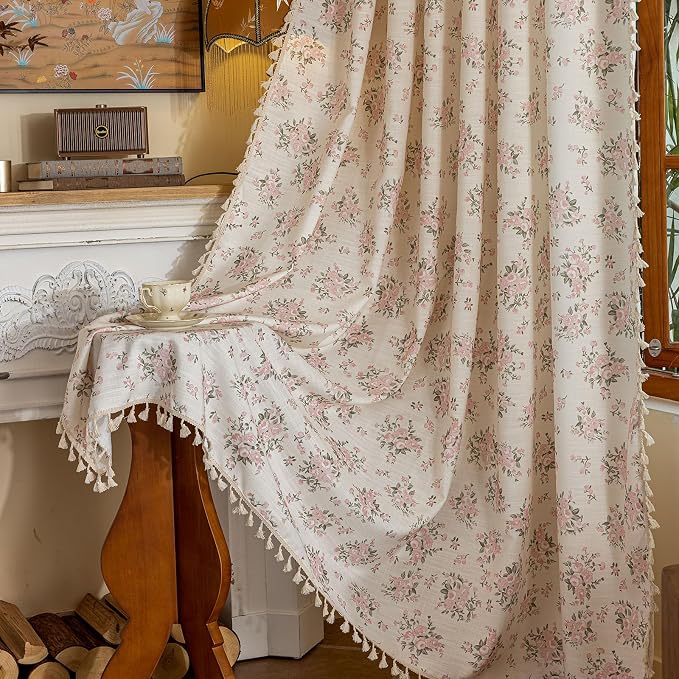OYX Pink Boho Floral Curtains 63 Inch Long 2 Panels, French Vintage Farmhouse Patterned Decor Window Drapes with Tassels, Girls Semi-Sheer Light Filtering for Kitchen Bathroom (Rod Pocket, 52Wx63L)