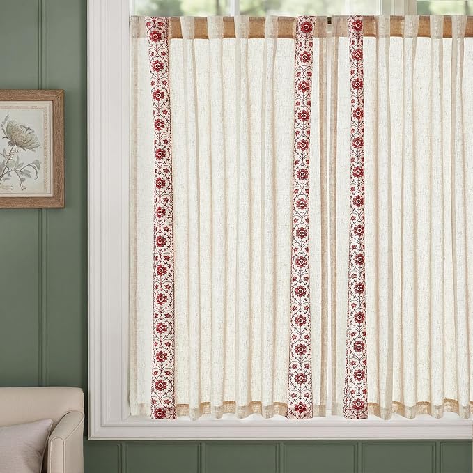 jinchan Red Floral Embroidered Short Linen Curtains 54×54 Inches 2 Panels | Light filtering, back tab, rod pocket, cafe curtains for kitchen bedroom living room, cottage farmhouse, small window