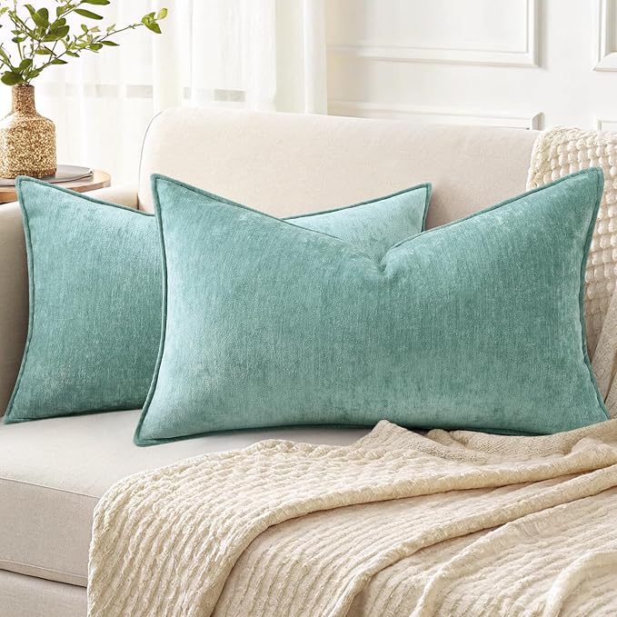 decorUhome Fall Couch Throw Pillow Covers 12x20 Set of 2, Decorative Soft Velvet Modern Cozy Chenille Lumbar Pillow Cases with Elegant Design for Sofa Bed Living Room Home Decor, Aqua Haze