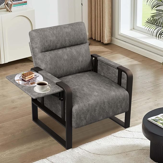 Modern PU Leather Accent Chairs Set of 2 Upholstered Armchairs with Side Table Leisure Side Chairs for Living Room Bedroom Office Grey