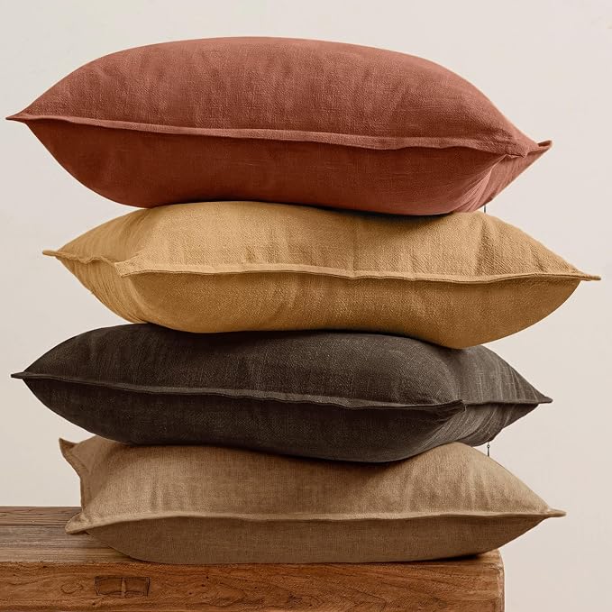 MIULEE Orange Boho Linen Decorative Pillow Covers 18x18 Inch Pack of 4 | Natural Fall Throw Pillow Covers Soft Farmhouse Couch Pillowcases Modern Decor for Living Room Bed Sofa