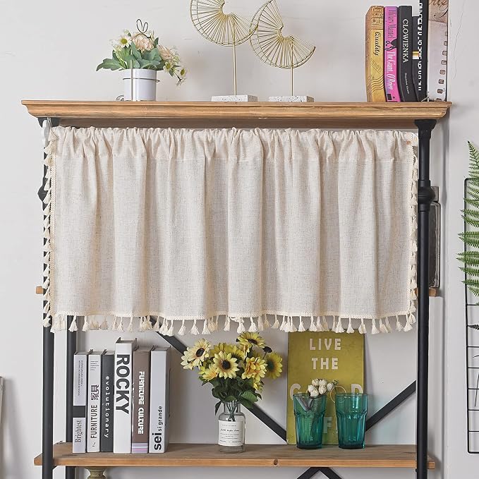 Sutuo Home Boho Sheer Curtain Valance Tier Cotton Linen with Bohemian Handmade Tassels, Short French Farmhouse Window Treatment for Kitchen Cafe, Rod Pocket, 1 Panel 59" W x 24" L, Natural Textured