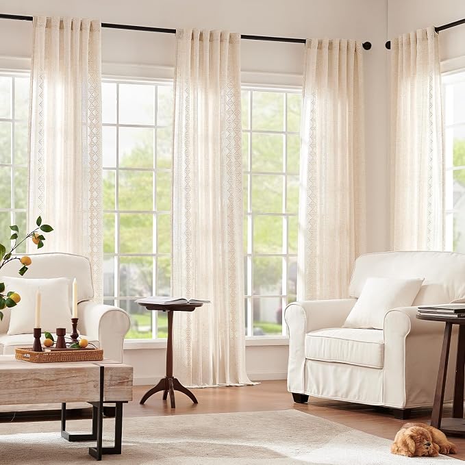 jinchan Boho Curtains Linen Blend Ivory Farmhouse Curtains 96 Inches Long for Living Room Square Embroidered Bordered Back Tab Bedroom Window Light Filtering Bohemian Drapes 2 Panels
