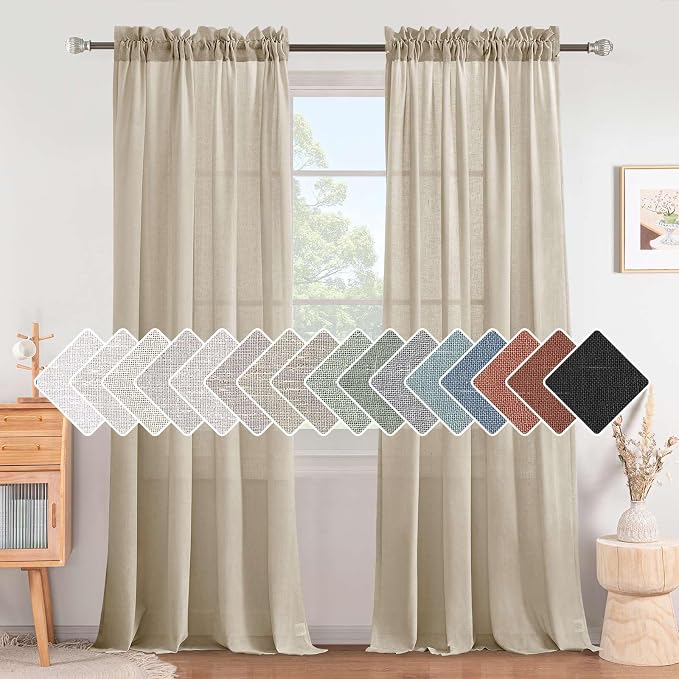 H.VERSAILTEX Linen Curtains Elegant Natural Linen Semi Sheer Curtains Energy Light Filtering Rod Pocket Window Treatments Panels for Living Room (Set of 2, Castle Wall, 52 inch W X 96 inch L)