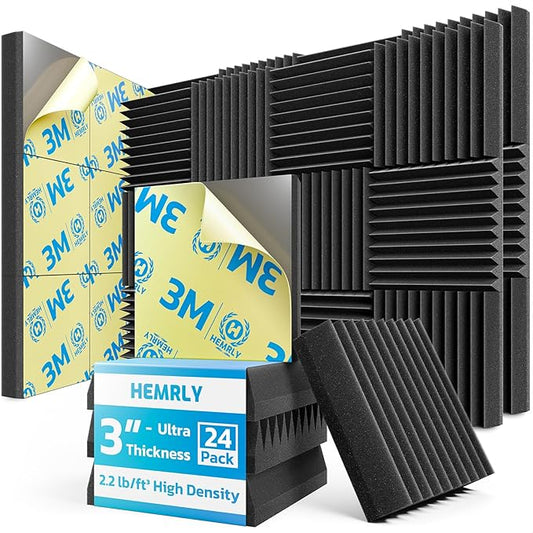 3" X 12" X 12" Sound Proof Foam Panels for Walls,Self-Adhesive Foam Acoustic Panels Sound Absorbing,2.2 lb/ft³ Density Soundproof Wall Panels for Gaming Studio Decor (24 Pack Black)