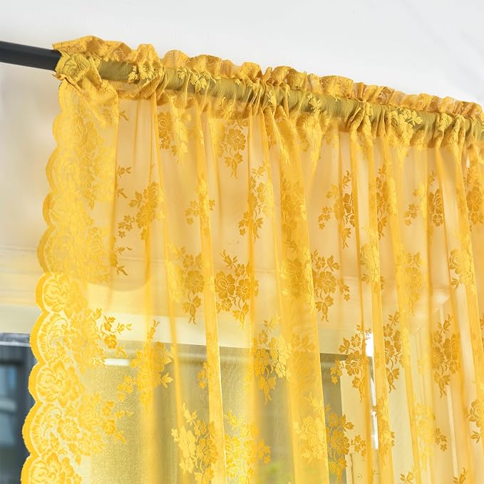 Kotile Mustard Yellow Sheer Curtains 80 Inches Long for Living Room, 2 Panels Rustic Floral Patterned Gold Boho Lace Curtains for Bedroom, Rod Pocket Privacy Vintage Sheer Lace Drapes, 52 x 80 Inch