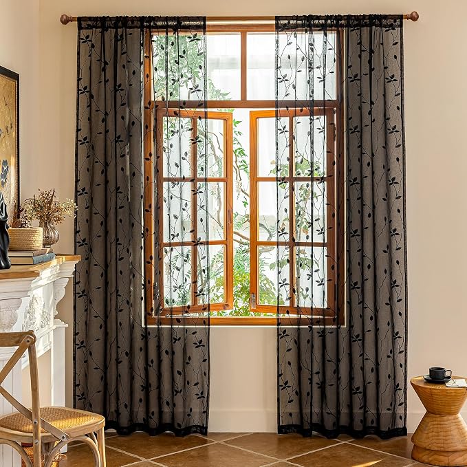 AmHoo 2 Panels Embroidered Leaf Pattern Semi Sheer Curtains Foliage Floral Voile Window Draperies Treatment for Bedroom Living Room Rod Pocket Black 53 x 63 Inch