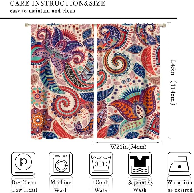 Boho Decorative Curtains Bedroom Living Room Rod Pocket Curtains, Vintage Boho Grill Floral Pattern 2 Panel Set, 42x45 in.