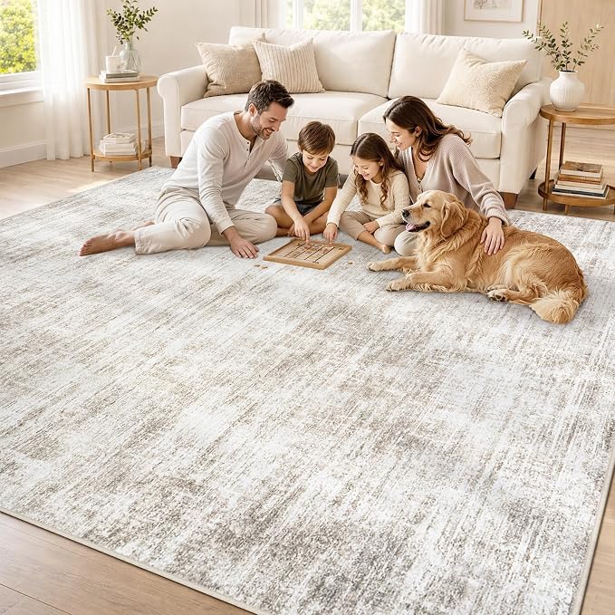 6x9 Area Rugs for Living Room Washable Rugs Neutral Abstract Large Rug Soft Modern Carpet Non-Slip Stain Resistant Low Pile Rug for Bedroom Dining Room Nursery Home Office Under Table Area Rug Brown