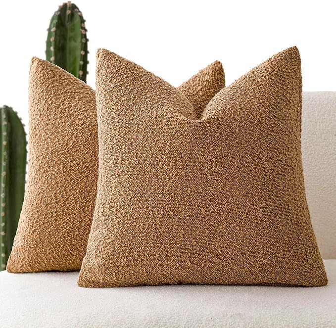 Foindtower Accent Solid Pillow Cases Textured Boucle Throw Pillow Covers Cozy Modern Decorative Couch Cushion Case for Chair Sofa Bed Living Room Home Decor, Pack of 2, 18 x 18 Inch,Tobacco