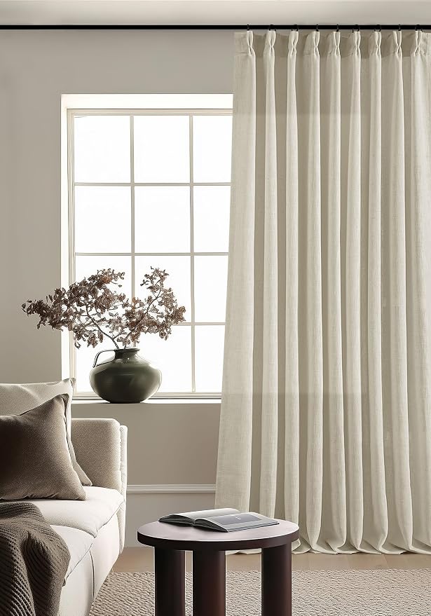 Extra Wide Pinch Pleat 60 x 120 Inch Linen Curtains for Living Room Neutral Beige Light Filtering Semi Sheer Pleated Curtains for Patio Glass Sliding Door Dining Bedroom Large Window 60x120 1 Panel
