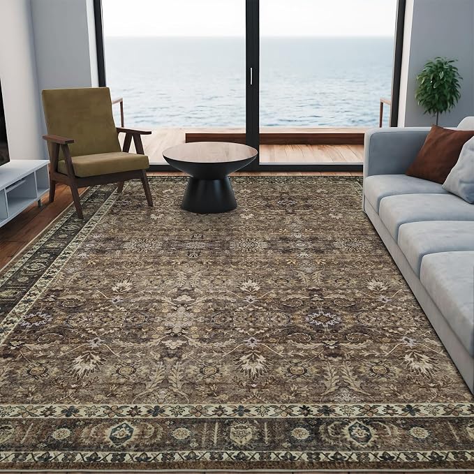 4x6 Vintage Washable Area Rug for Living Room,Non Slip Boho Carpet Non-Shedding Small Area Rug Soft Indoor Stain Resistant Rug Floral Print Mat for Bedroom Dining Room Brown Floral