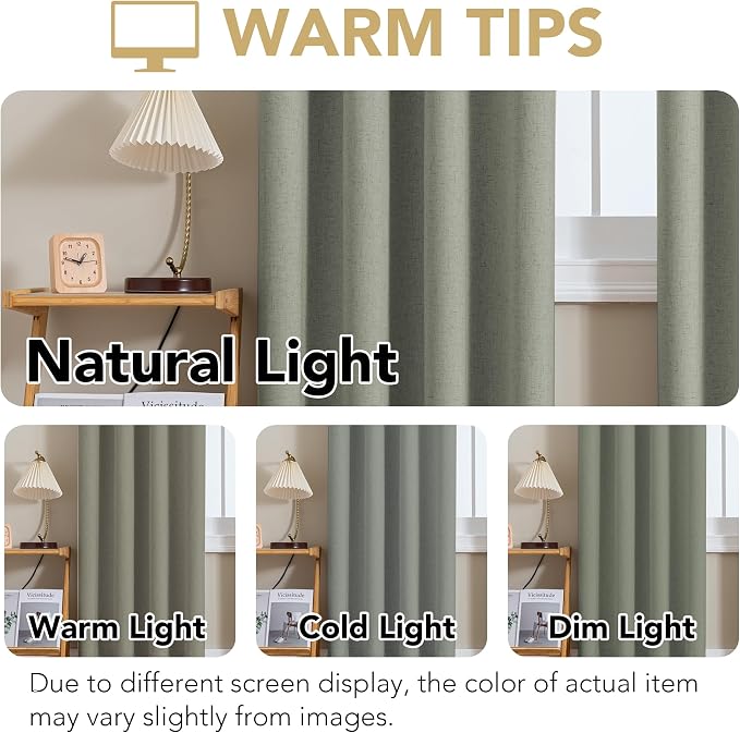 H.VERSAILTEX Linen Curtains 100% Blackout Curtains for Bedroom 102 inch Long Full Light Blocking Nature Linen Blended Window Curtains for Living Room Nickel Grommet (2 Panels, Heathered Dried Sage)